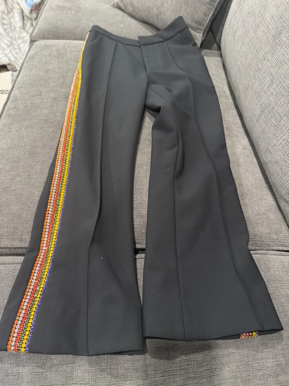 Black Flared Pants with Multicolor rhinestone Side Stripe